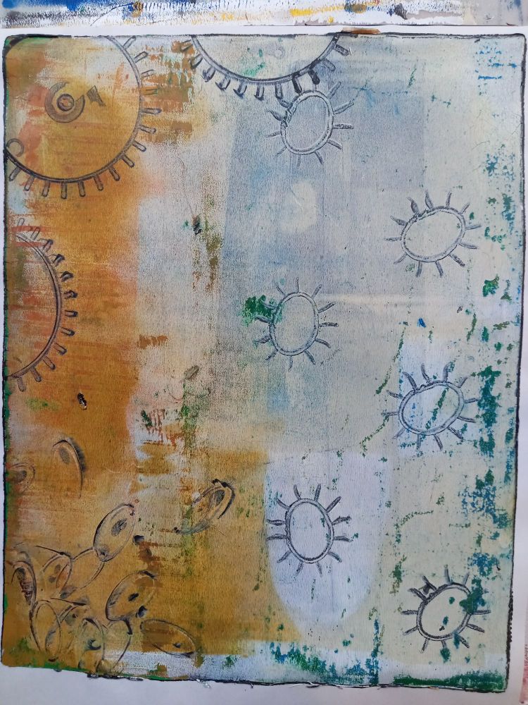 Monoprinted page with green ghost print over brayered yellow ochre, parchment and white brayered paint with black stamped oval and circular objects.