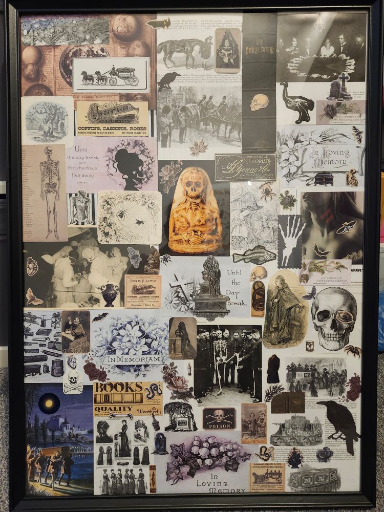A collage of imagery that includes skulls and tombs and undertakers.