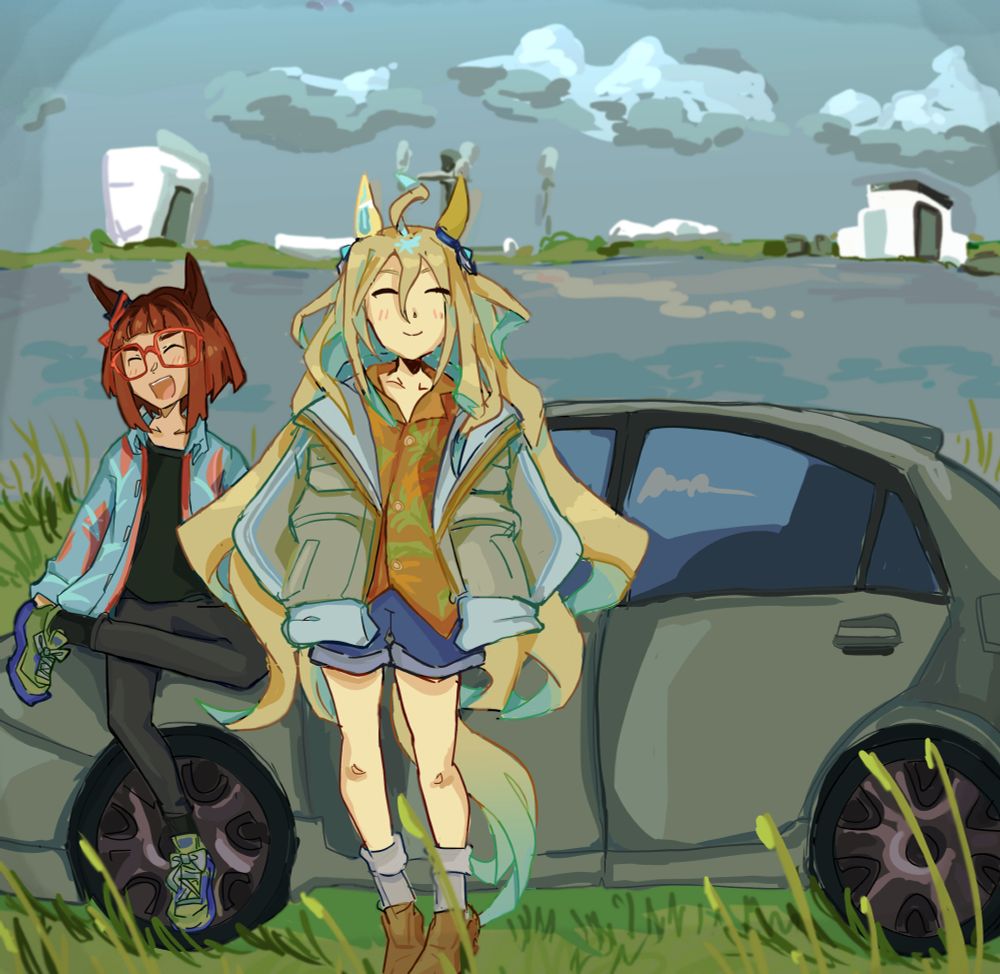 illustration of uma musume characters transcend and neo universe in front of a sedan parked on the causeway at NASA's kennedy space center.