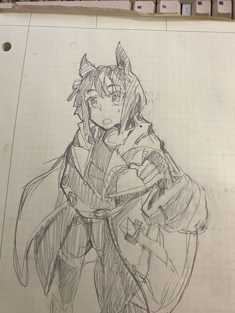 On engineering paper, a very rough pencil sketch of the character Transcend from Uma Musume. There is a top-down parallax and a bit of a stunned expression 