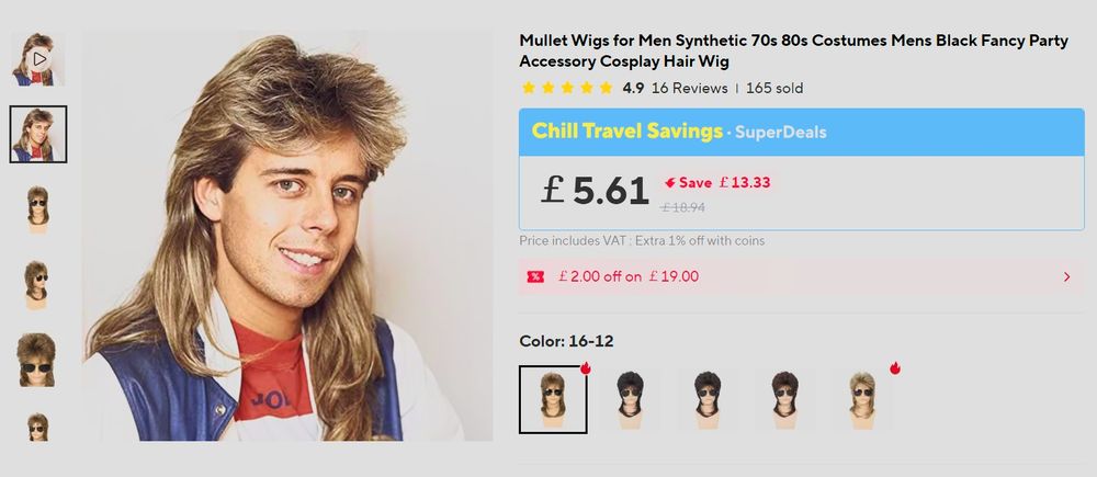 A comedy mullet wig, but using a photo of Pat Sharp 