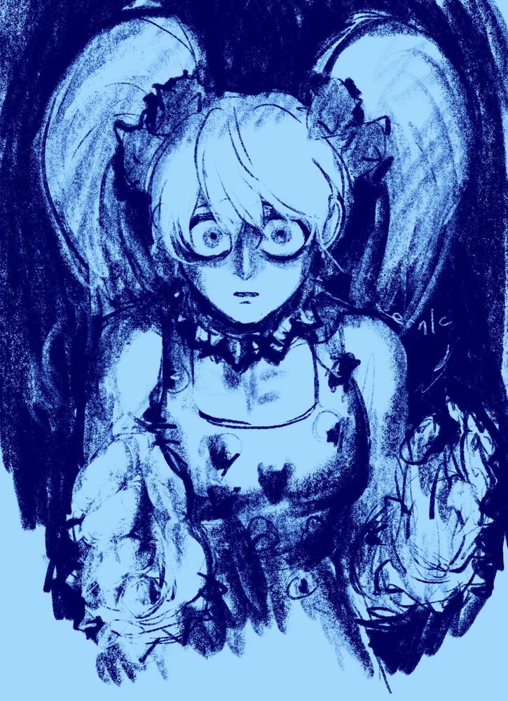A drawing of Effie in the dark, facing the camera with her hands outstretched and a worried look on her face.