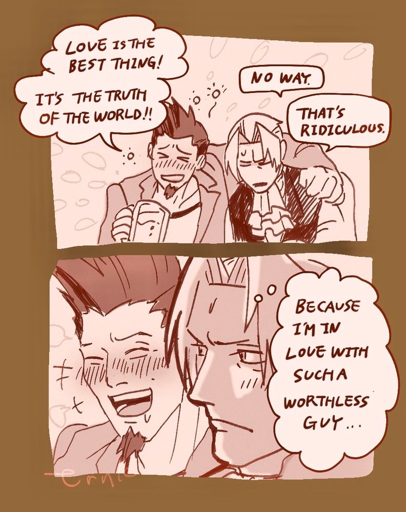 Two-panel cartoon. Panel 1: Larry and Miles are sitting side by side drinking. Larry's face is red, he's holding a beer mug in his right hand, and he has his left arm around Miles. Larry says happily, "Love is the best thing! It's the truth of thb world!" Miles frowns in displeasure and says, "No way. That's ridiculous." Panel 2: Miles blushes a little and glances sideways at Larry, who is smiling broadly. He mutters to himself, "Because I'm in love with such a worthless guy..."