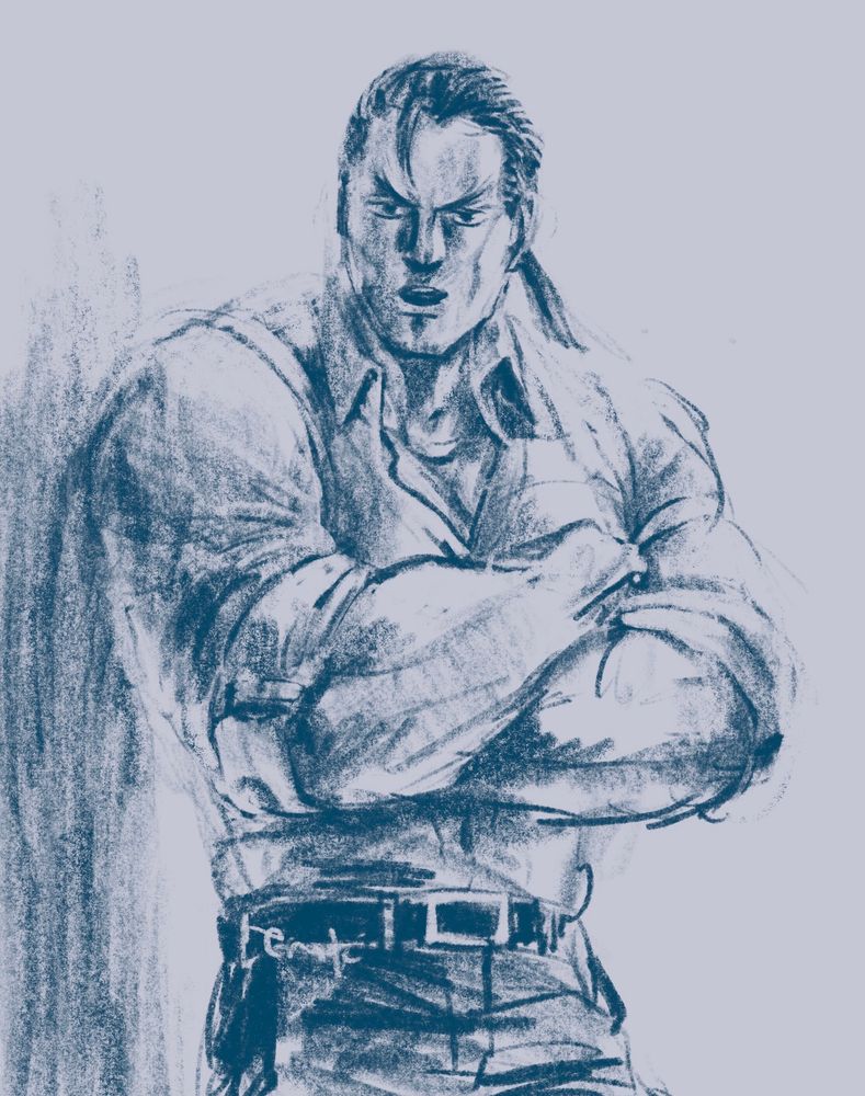 An illustration of Dan wearing a dress shirt and slacks, leaning against a wall with his arms crossed, talking. Drawn in dark blue pencil.
