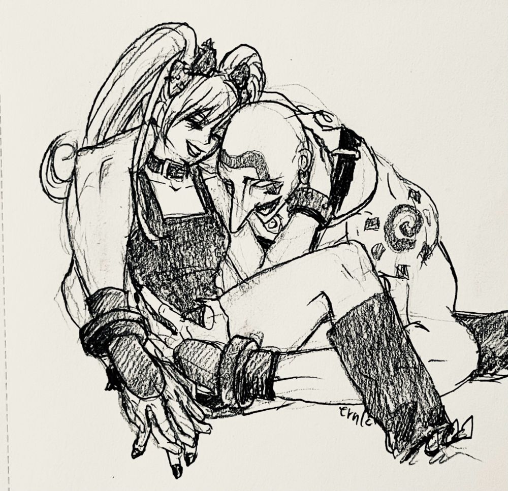 Illustration of street fighters Necro and Effie laughing while hugging each other.
