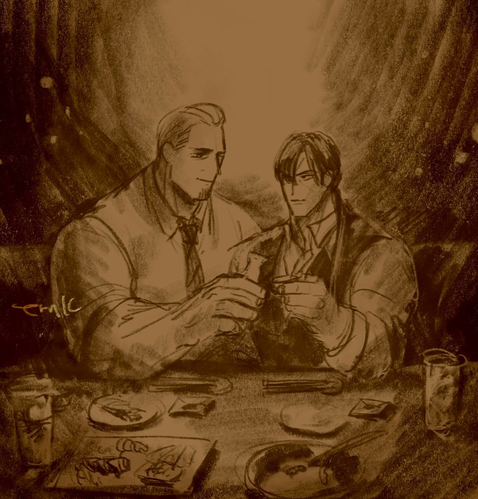 A drawing of Cody and a long-haired Guy in a dimly lit restaurant. Cody is holding a sake bottle and is about to pour sake into the sake cup Guy is holding. There are several dishes, chopsticks, and small plates on the table.