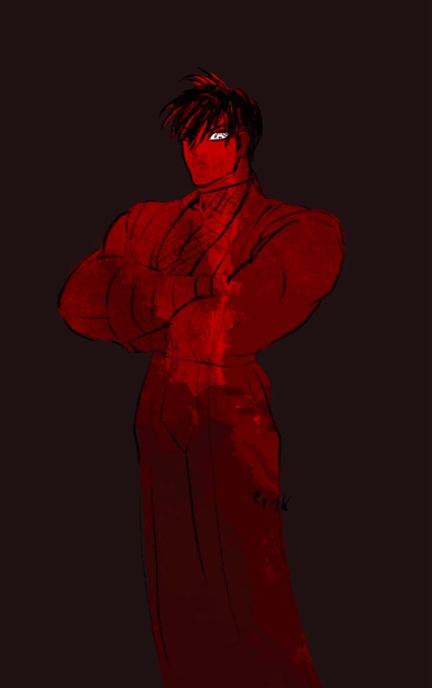 An illustration of Guy standing with his arms folded and glaring downwards.