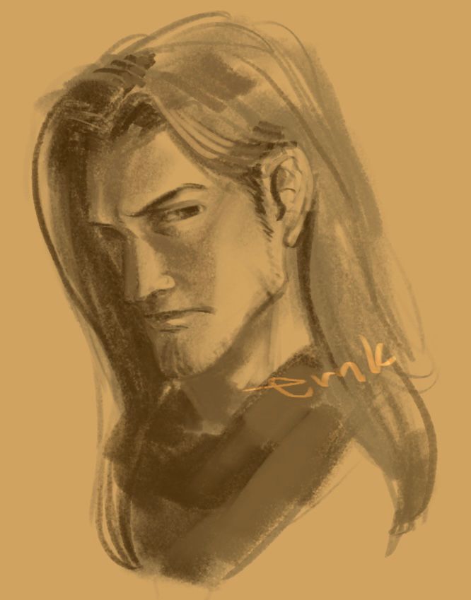 Fan art of Jake from Ace Attorney, rendered in dull shades of orange. He's not wearing a hat.