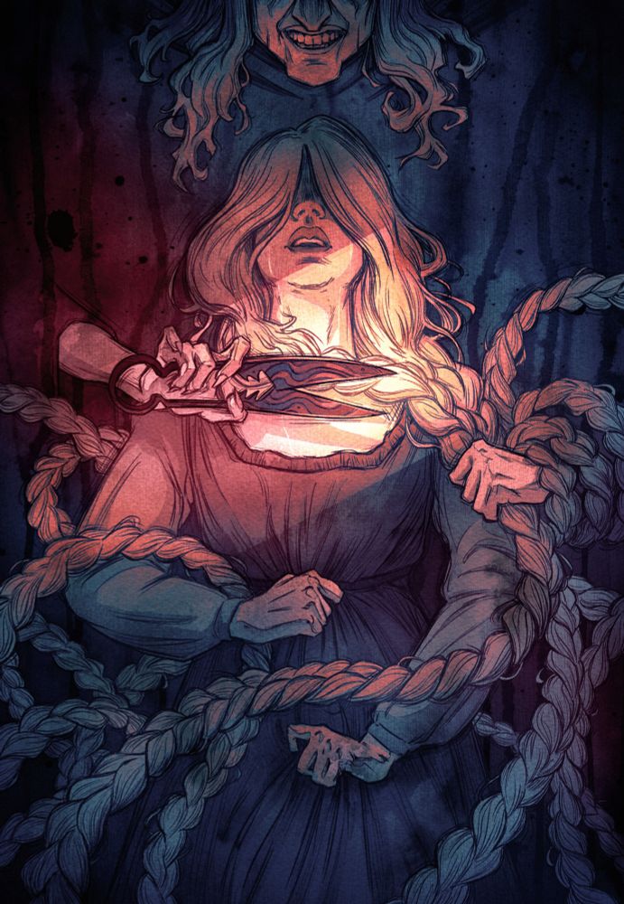 Illustration of Rapunzel, a blonde white girl. She's crying while her braided hair is being cut by a witch standing behind her.