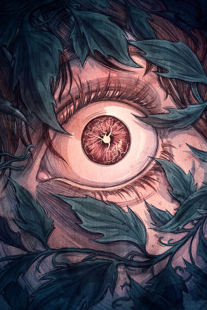 Illustration of a wide-open eye surrounded by leaves. There’s a white neuron in his iris
