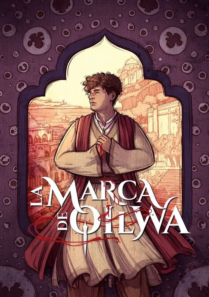 Cover featuring a brown character, with Western Asian facial traits, short dark hair, and Iranian safavid inspired clothing. They’re clasping their hands and blod is dripping out of them into magic spirals. In the background there’s a portuary city, framed by a purple motive featuring bone marrow cells.