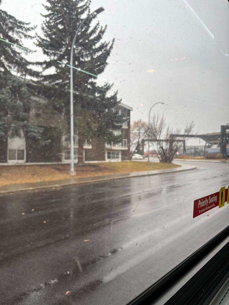 A wet road as seen from a bus window. Although not easily visible, flurries are falling
