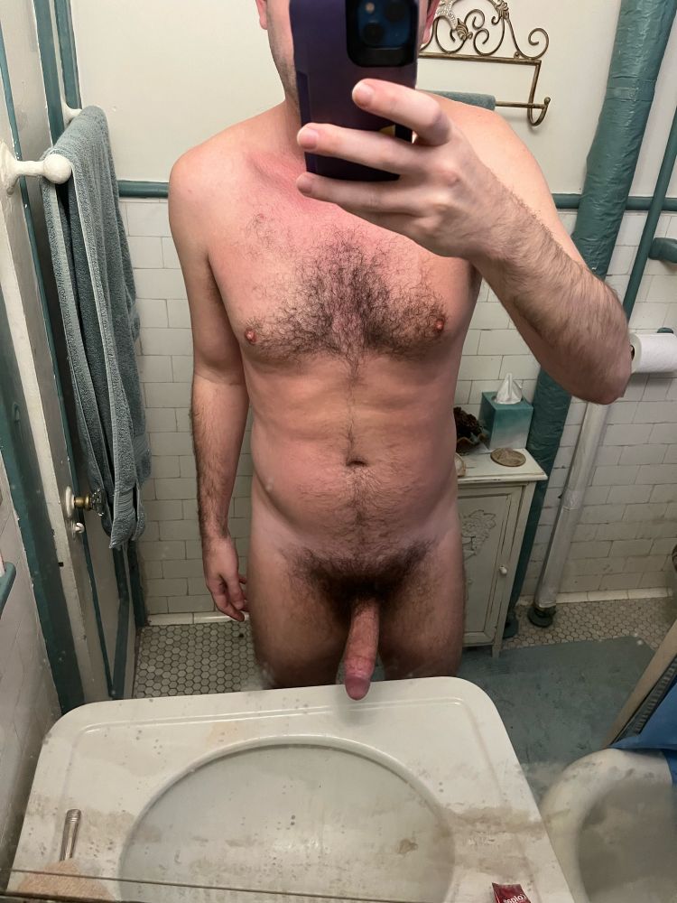 Nude mirror selfie with bush and morning wood