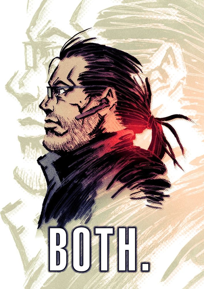 A drawing of the memetic guy surnamed "master debater"
In Capital letter below him there is one word: BOTH