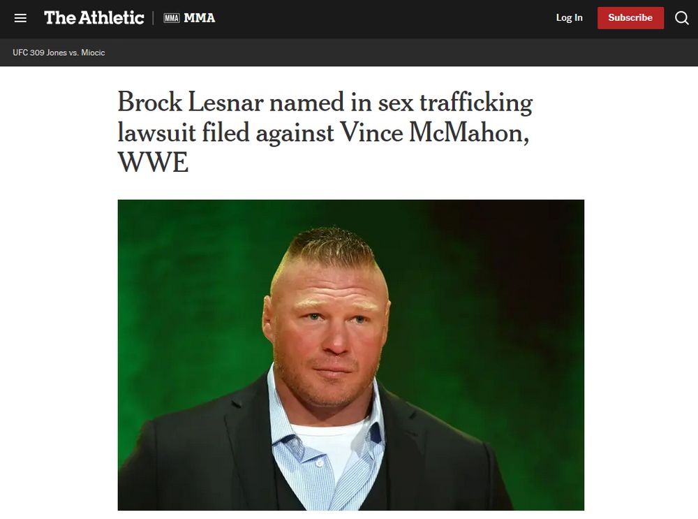 screenshot of the top of a The Athletic/NYT article headlined "Brock Lesnar named in sex trafficking lawsuit filed against Vince McMahon, WWE" with a photo of Brock Lesnar