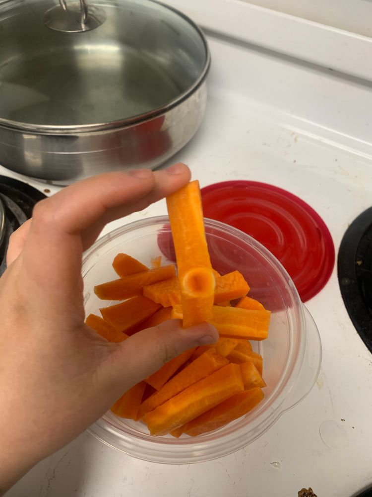 a hand holding a carrot slice, which has a circular growth inside of it that is a darker orange but still 100% carrot