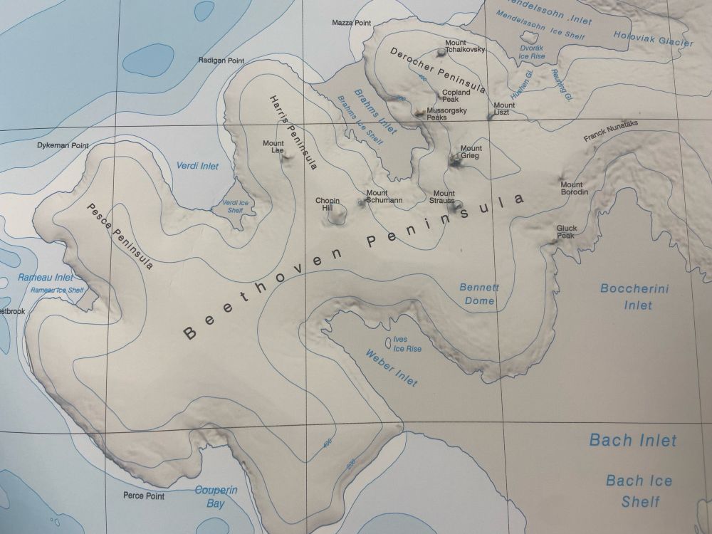 A zoomed in photo of a section of one of the maps, with place names shown including ‘Beethoven Peninsula’
