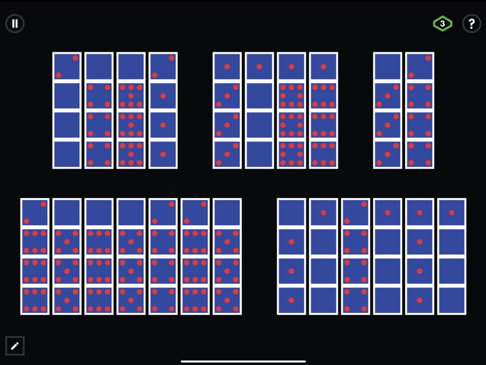 A set of 4xN arrays with differing numbers of dots corresponding to letters in the alphabet.
