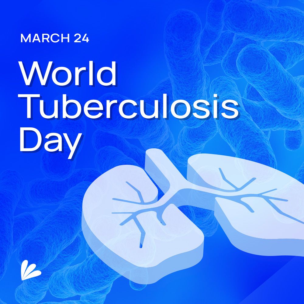 An image of lungs overlaid on a blue background with tuberculosis cells. Text reads: March 24 World Tuberculosis Day. The Samba Scientific logo is included in the corner.