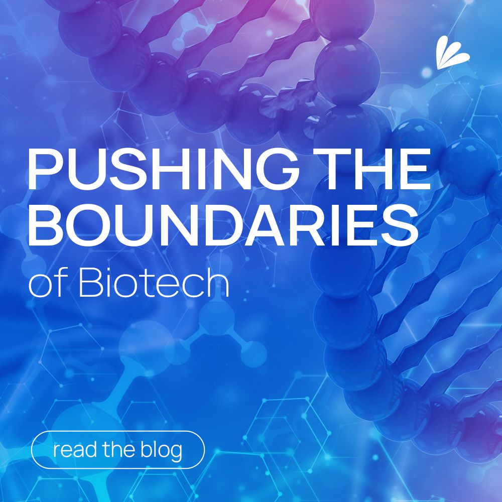 Imagery of DNA and technological symbols with a blue and purple overlay. Text reads: Pushing the boundaries of biotech - read the blog. The Samba Scientific logo is included.