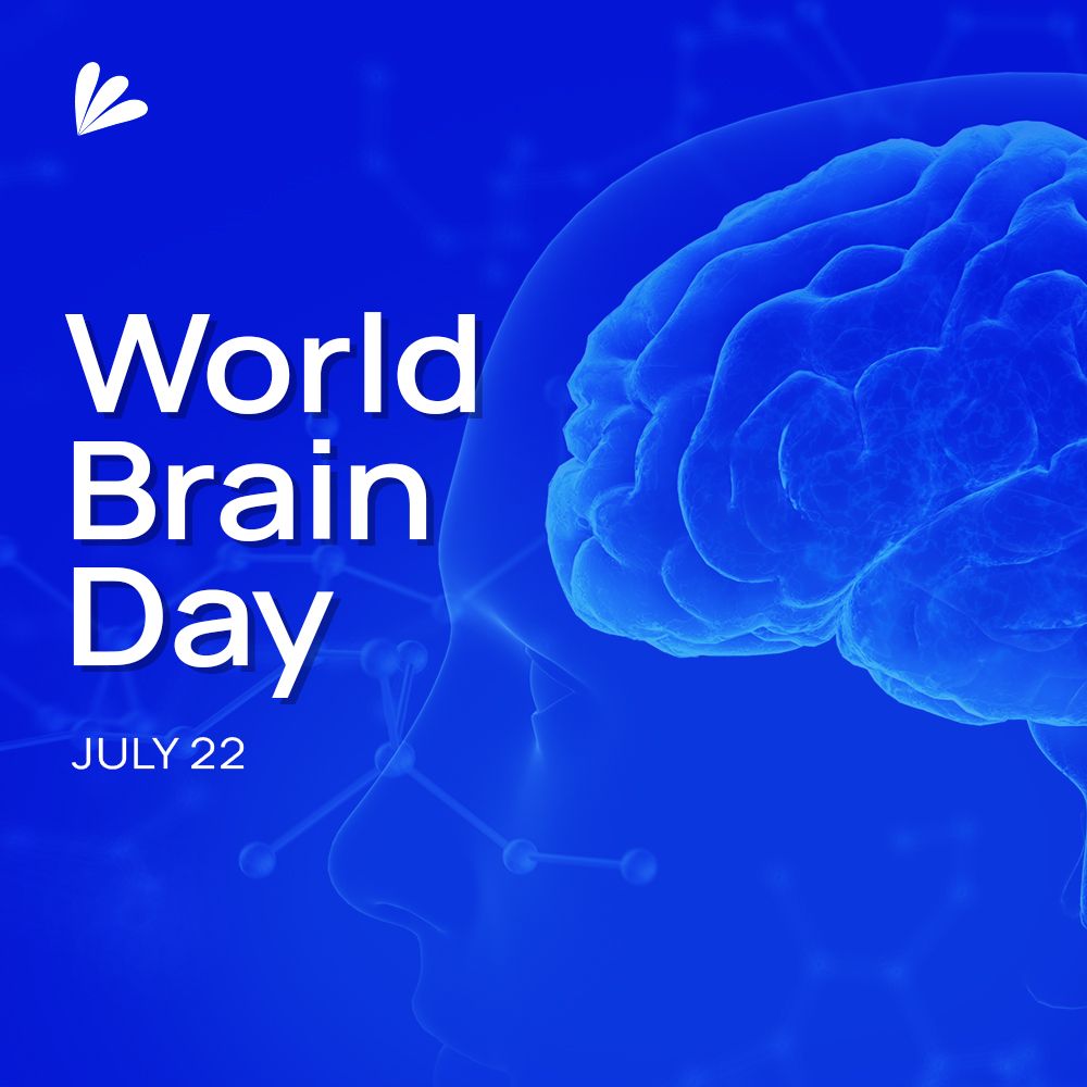 An image of a brain within a human's head with neuron-inspired accents in the background. The image is treated with a vibrant blue overlay. Text reads: World Brain Day July 22. The Samba Scientific logo is included.