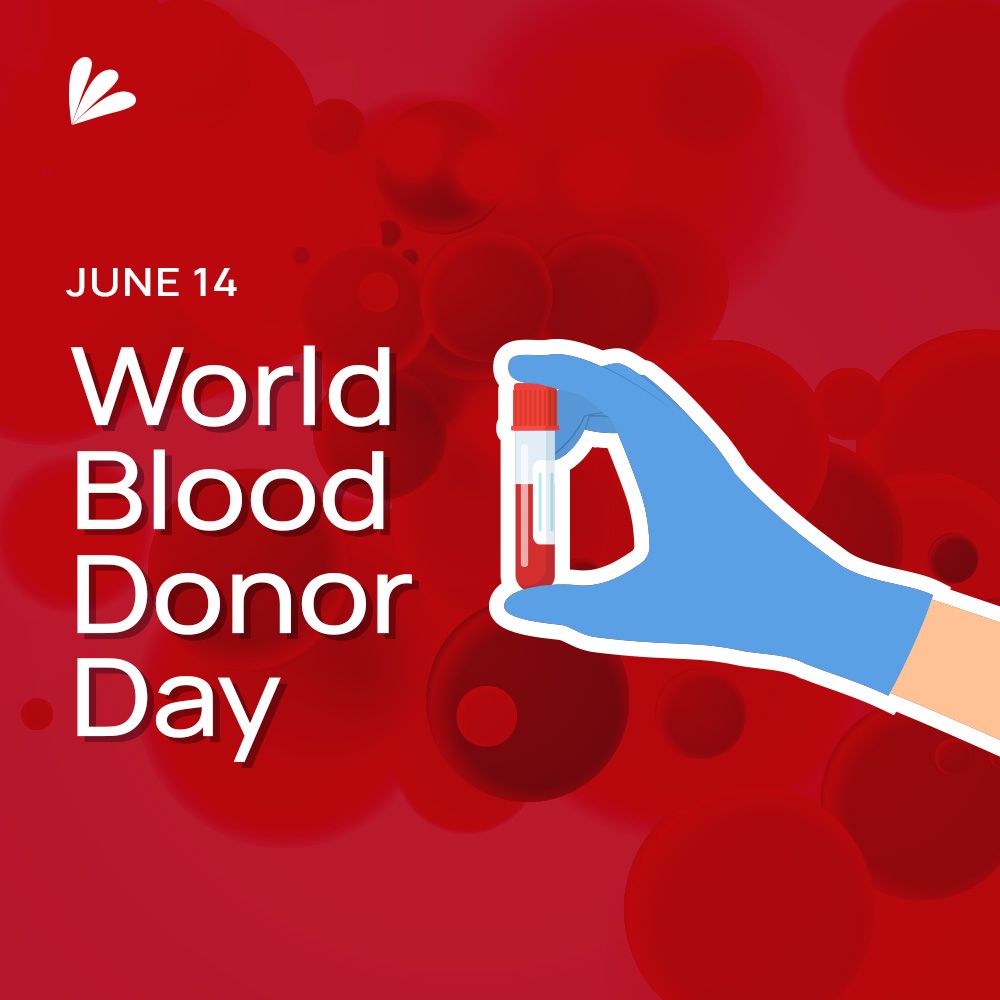 This image features a hand wearing a blue PPE glove holding a vial of blood. The background is red with blood cells overlaid. White text reads: June 14 - World Blood Donor Day. The Samba Scientific logo is included.