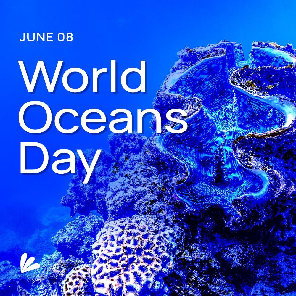An image of a vibrant color reef with a royal blue overlay. Text reads "June 08: World Oceans Day." The Samba Scientific logo is included.