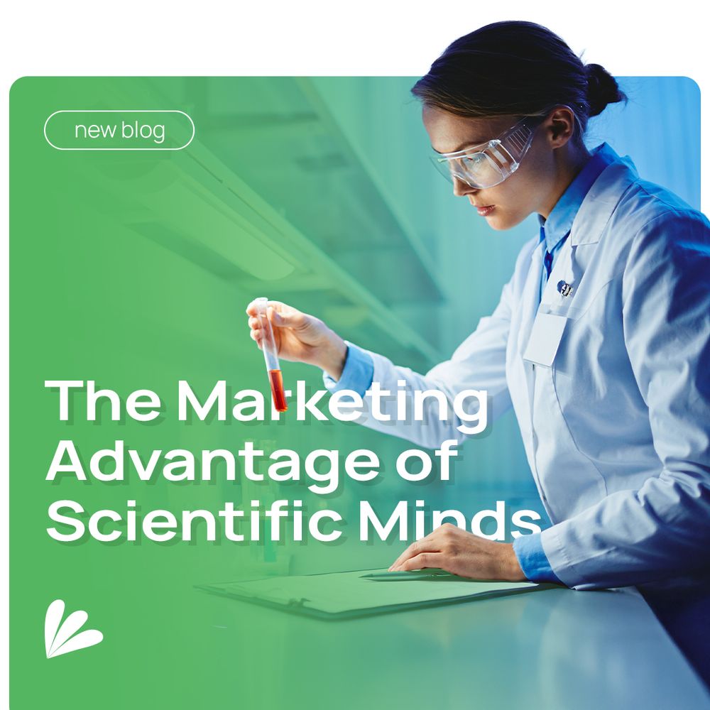 An image of a woman scientist in a lab coat and protective eyewear holding a test tube with red liquid and taking notes on a clipboard. Text overlay reads: The Marketing Advantage of Scientific Minds. The Samba Scientific logo is included.