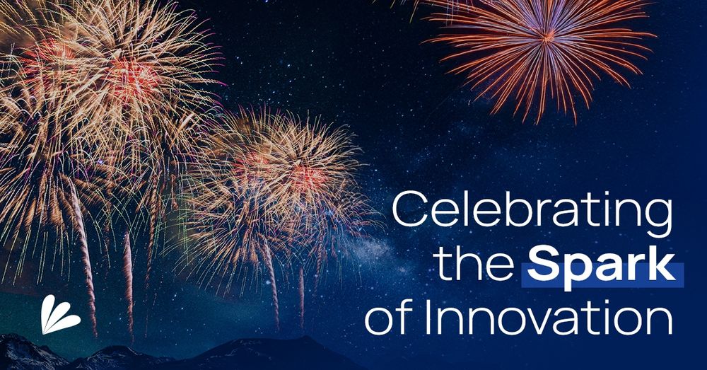 An image of a deep blue sky over mountaintops filled with fireworks in reds and yellows. Text overlay reads "Celebrating the Spark of Innovation." The Samba Scientific logo is included.
