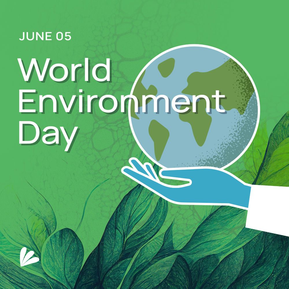 This graphic features a gloved hand extending from a lab coat sleeve holding up the Earth. The green background of the image mixes botanical elements with cellular imagery. Text overlay reads, "June 05: World Environment Day." The Samba Scientific logo is included.