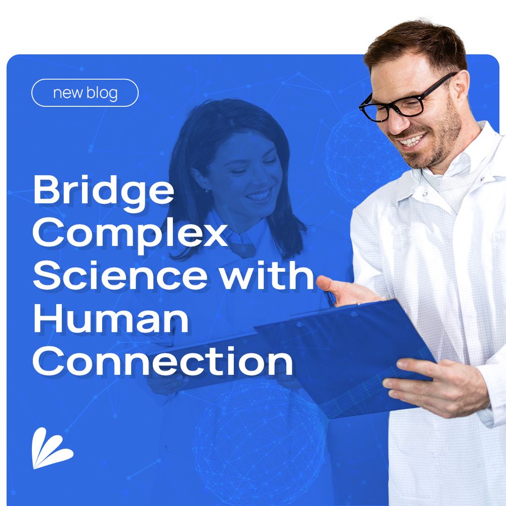 An image of two colleagues smiling while discussing materials on a clipboard. Text overlay reads: Bridge complex science with human connection. A new blog from Samba Scientific is being promoted.
