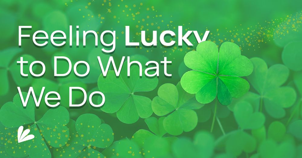 A vibrant green close-up of four-leaf clovers with a golden sparkle overlay treatment. Text reads: Feeling Lucky to Do What We Do. A Samba Scientific logo mark is in the corner of the graphic.