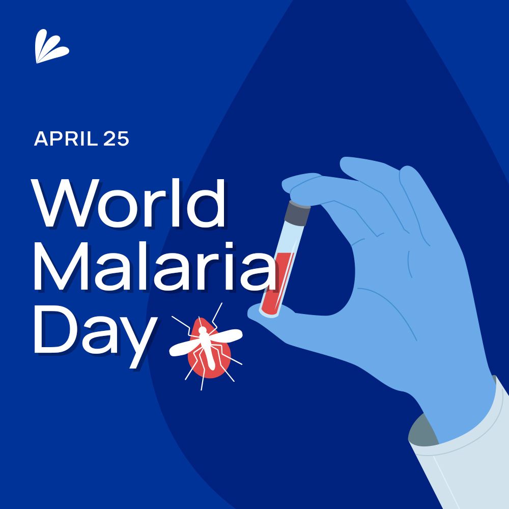 A cartoon image of a gloved hand extending out from a lab coat sleeve, holding onto a vile of blood in front of a blue background. Text overlay reads: April 25 World Malaria Day. The image includes an icon of a mosquito above a blood droplet, signifying the carrier of the disease. The Samba Scientific logo is included.