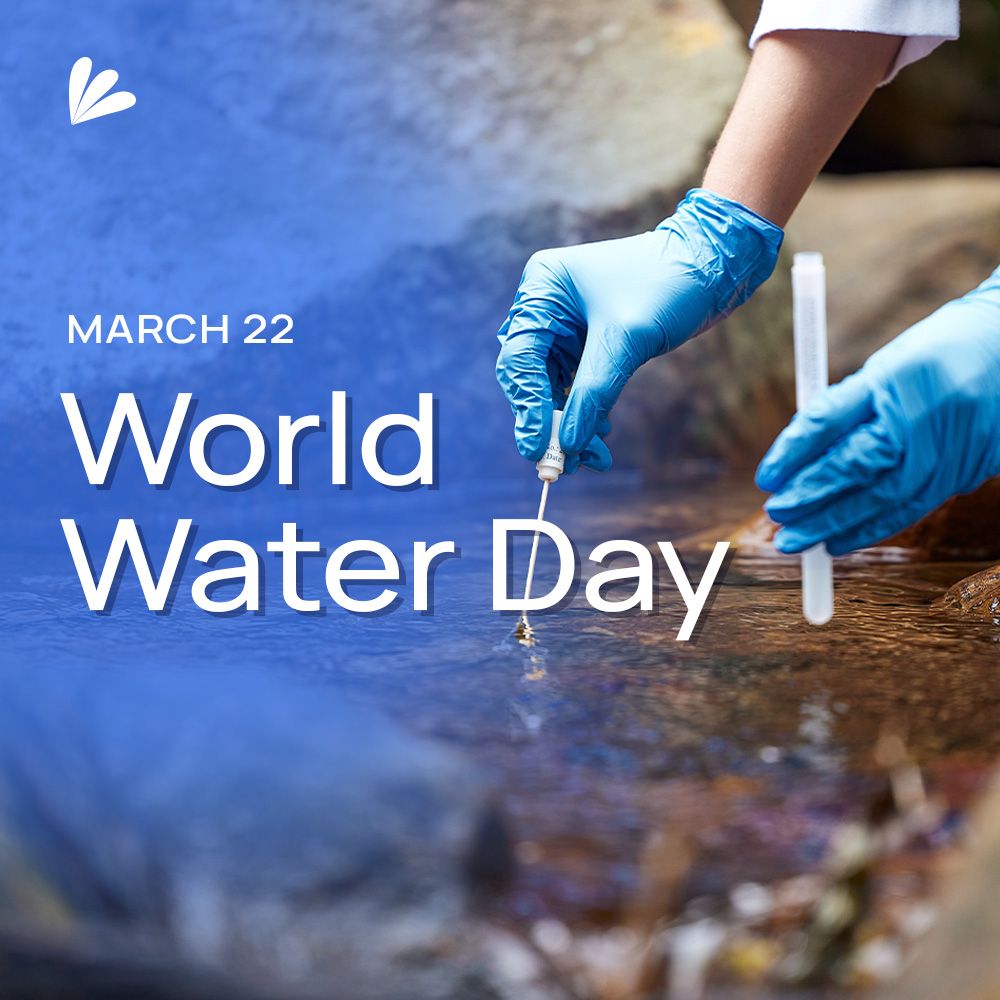 A close-up image of a researcher's gloved hands collecting a water sample from a rocky surface with a swab and test tube. Copy on the graphic reads: March 22, World Water Day. The Samba Scientific brand mark is included on the image.