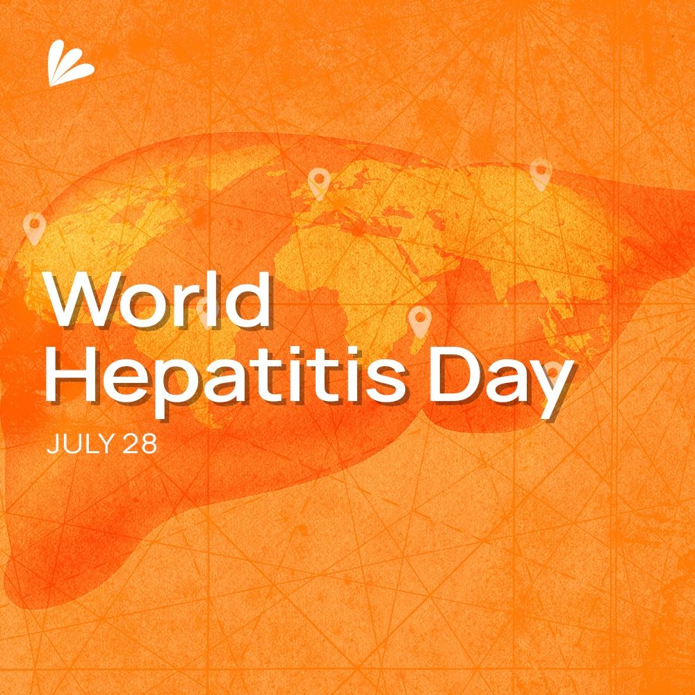 An image of a liver with the map of the major continents across it. Lines criss-cross across the image like drawn compass directions. The whole image has a vibrant orange overlay with a subtle aged texture. Text reads: World Hepatitis Day July 28. The Samba Scientific logo is included.