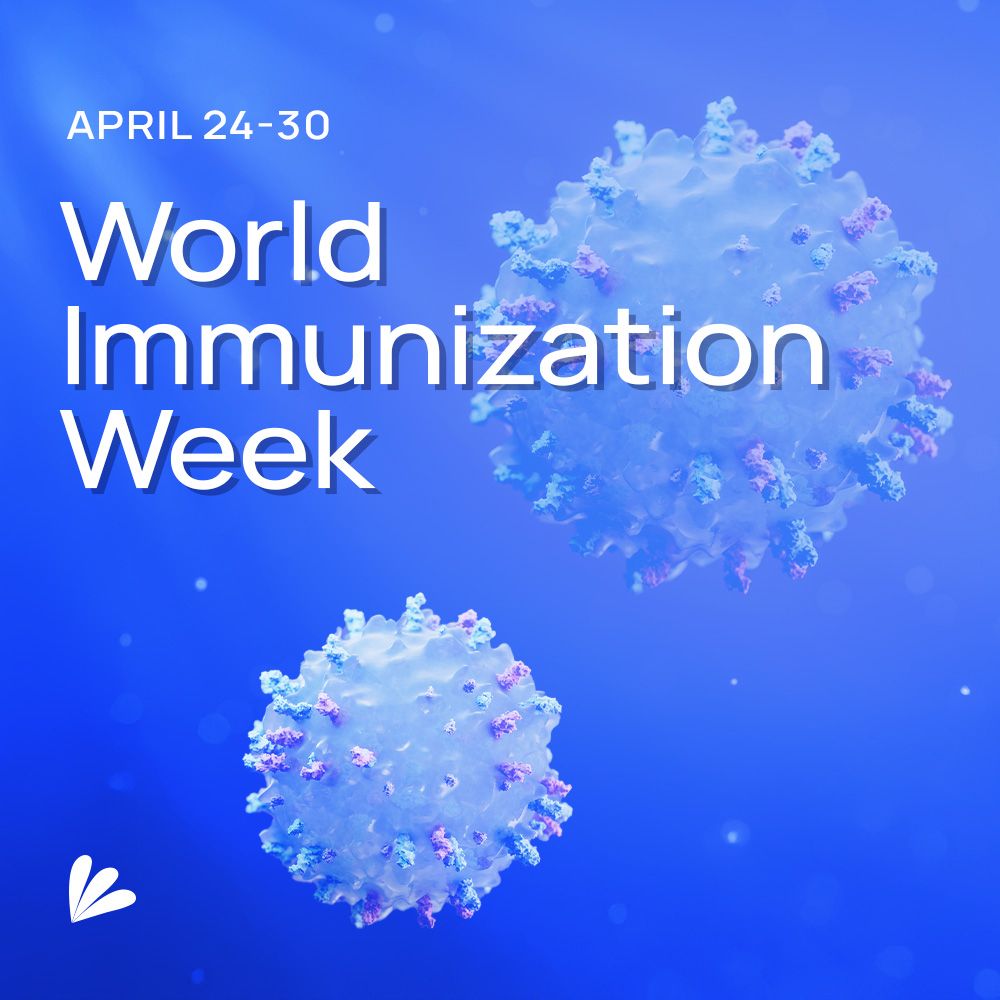 An image of immune cells with a blue treatment. Text overlay reads: April 24-30 World Immunization Week. The Samba Scientific logo is included.