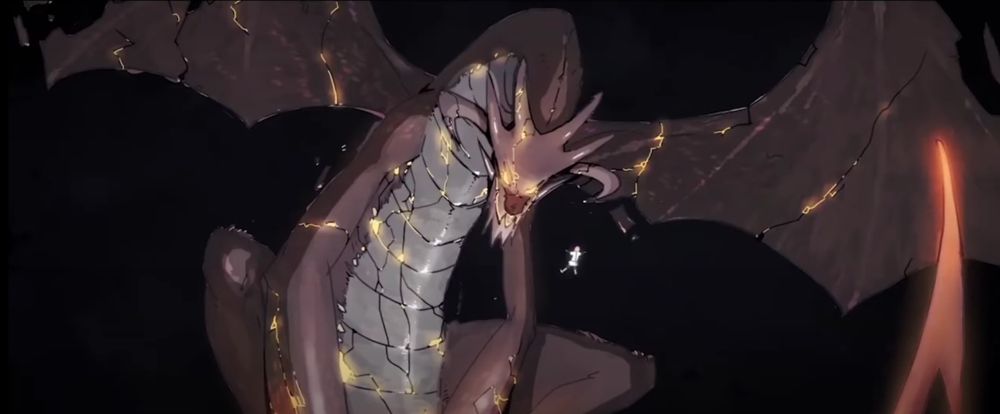 A small humanoid figure with pink hair floats before an immense red dragon with six horns, two curled toward the mouth and four pointing behind the skull. The wings of the dragon are outstretched to either side, and a multitude of scratches spread across the body of the dragon, each scratch bursting with a brilliant gold.