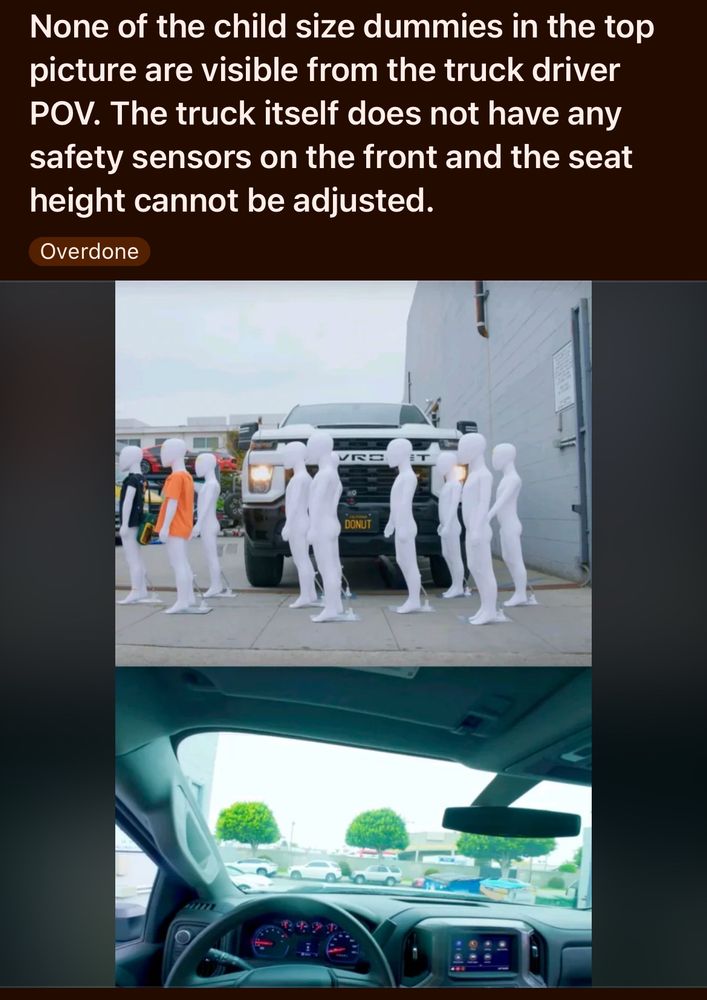 Picture showing several child-sized mannequins in front of a modern truck. The driver can’t see any of them. Very dangerous. Ridiculous! 