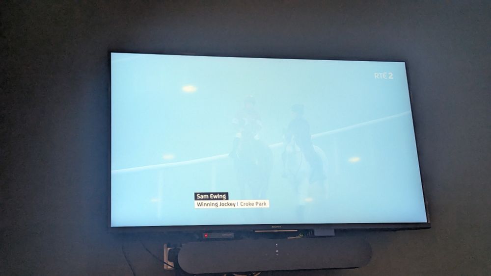 Picture of a TV screen broadcasting from Leopardstown race course where there is thick fog. The screen shows a jockey being interviewed and they are hardly visible. 