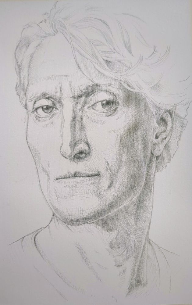 A portrait in silverpoint, showing a middle aged man with pale hair looking directly at the viewer