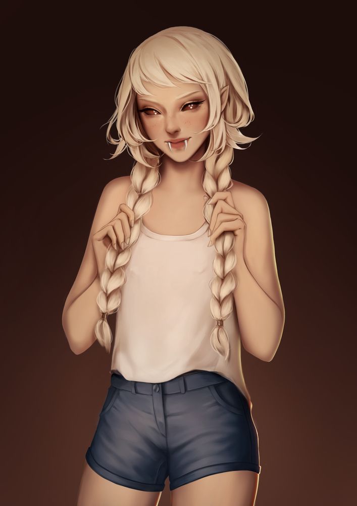 a vampire girl with long blonde braids, a camisole and a denim shorts.