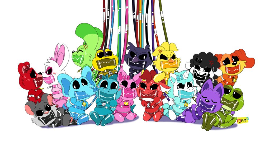 The Smiling Critters and the Nightmare Critters wearing cute clothes, in harnesses with arms behind their backs, tapes over their mouths, and on leashes going off-screen. They're displaying various emotions, from nervous to angry, and even sleepy!
