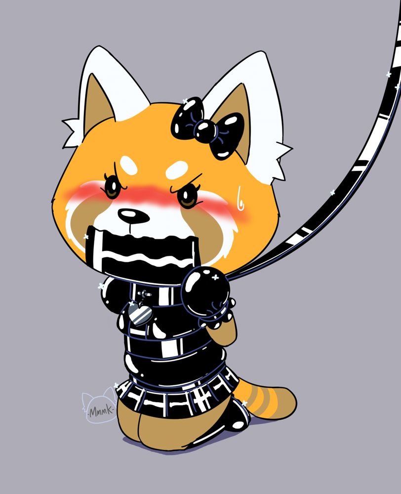 Retsuko (from Aggretsuko) on her knees and arms behind her back while looking annoyed and embarrassed, face blushing and sweating nervously, as she is on bondage. Her clothes are all black shiny rubber, and are a puff sleeve polo shirt, pleated short skirt, rainboots and a bow on her head. Over the polo shirt is a harness (one horizontal strap around the bottom of her waist and one around her neck, both linked by a central vertical strap), which binds her lower arms behind her back, has a dark metal love-heart shaped name tag on the collar, and a leash attached to the back of the collar (held by someone or tied to something offscreen). A matching piece of shiny black rubber tape covers her mouth.