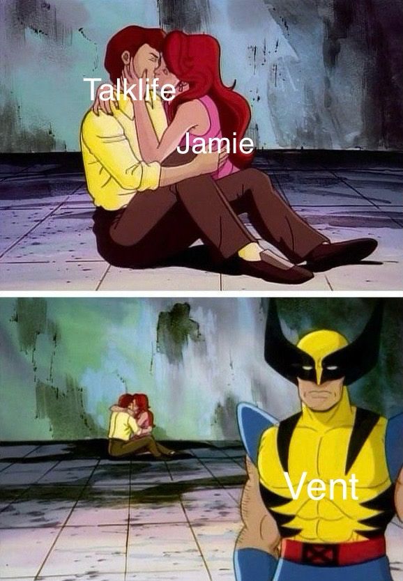 X-Men characters Jean Grey and Cyclops are sitting on the floor, embracing and kissing each other. The text labels on them read "Jamie" (for Jean) and "Talklife" (for Cyclops). In the bottom panel, Wolverine (w/ the text label “Vent”) stands in the foreground, looking sad/disappointed.