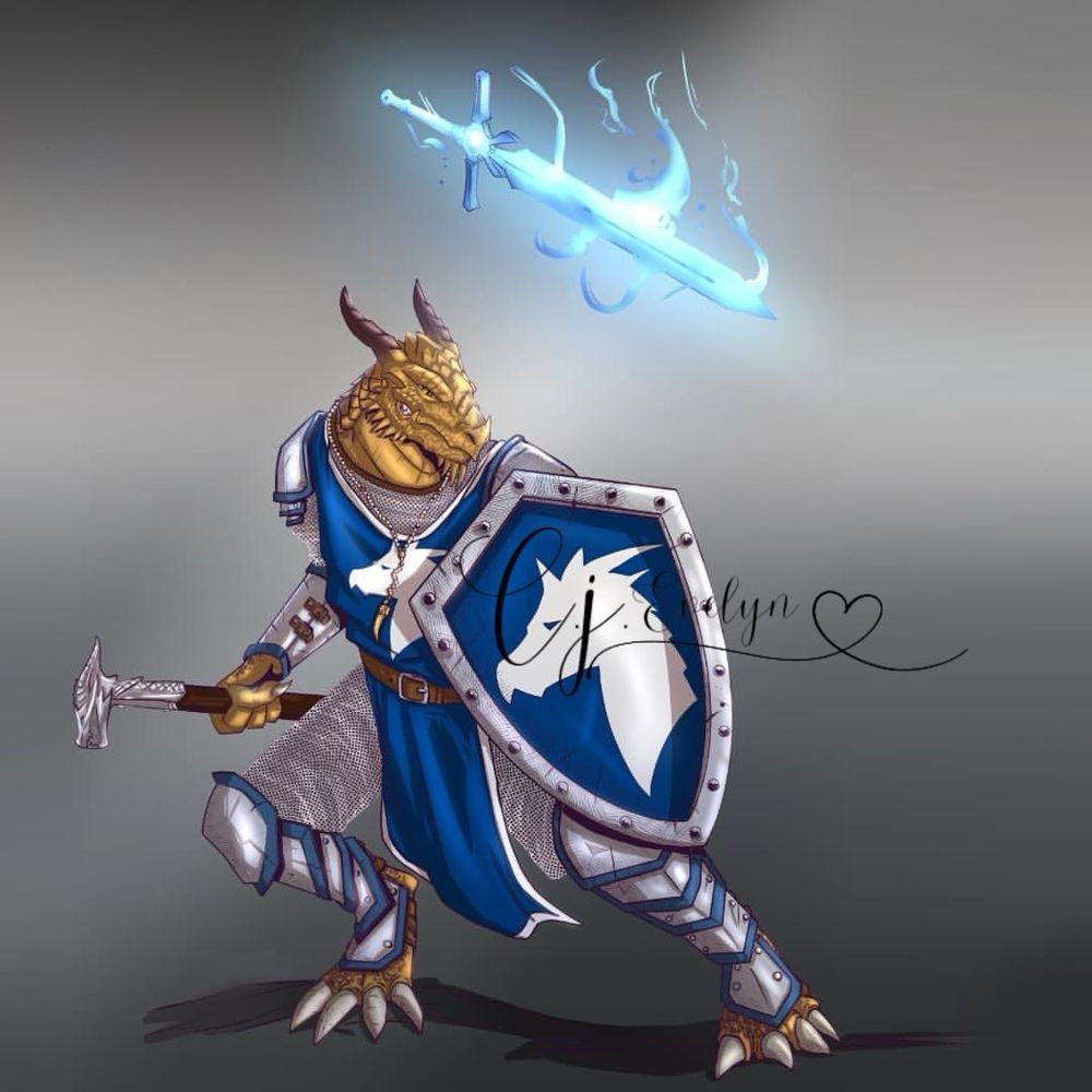 A dragonborn warrior with golden scales stands ready for battle, wearing blue and silver armor. He holds a hammer in one hand and a large shield with a white emblem of a dragon in the other. Above him floats a glowing blue sword surrounded by magical energy, set against a neutral gray background.