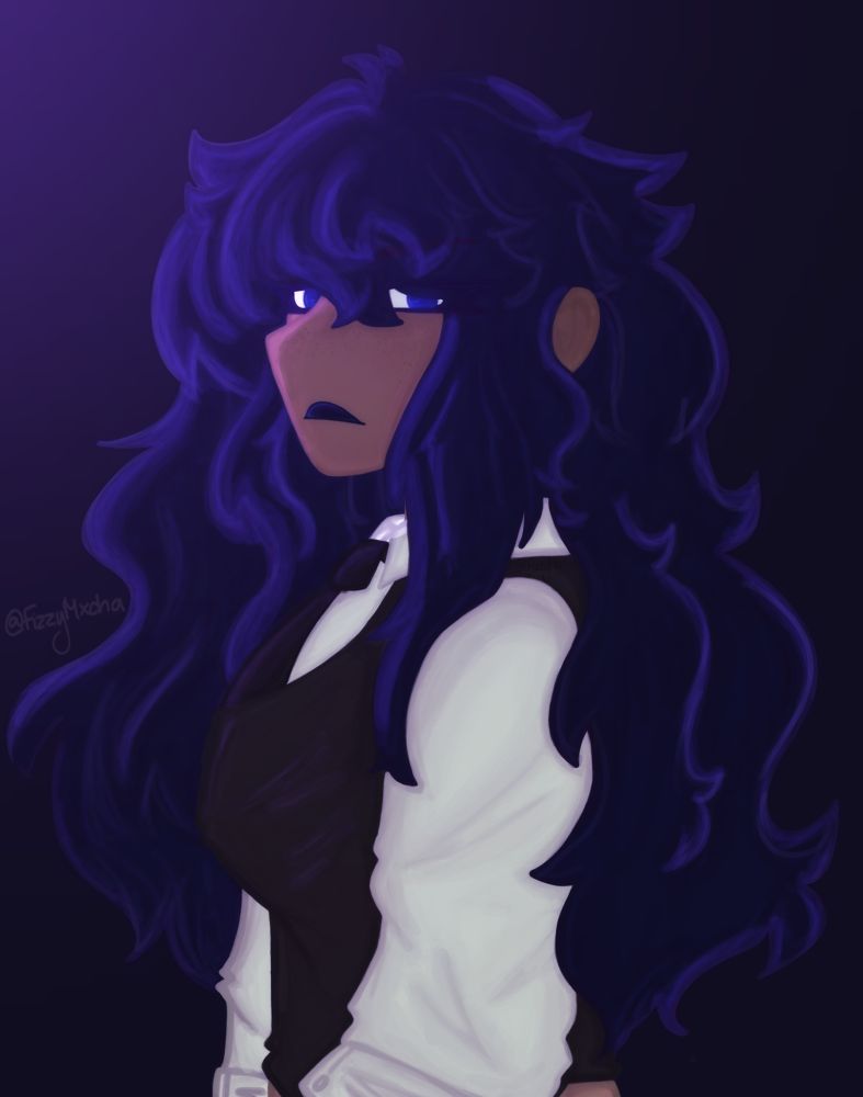 A fnaf oc looking into the camera from a mostly side profile