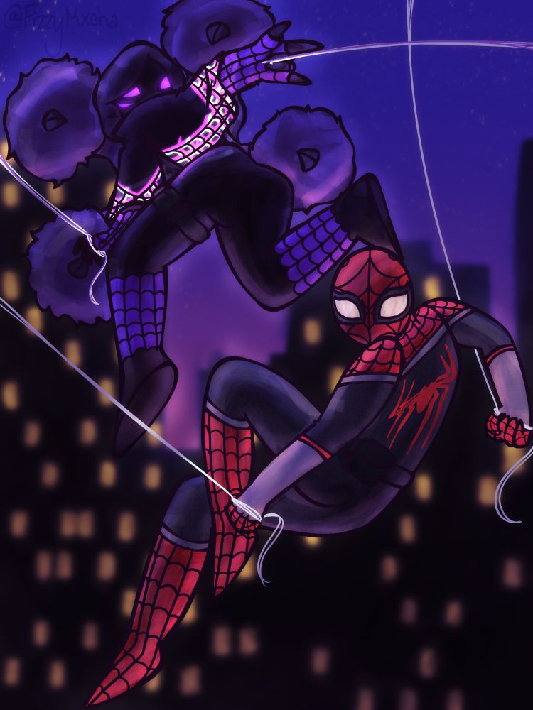 Two spidermen swinging through the city