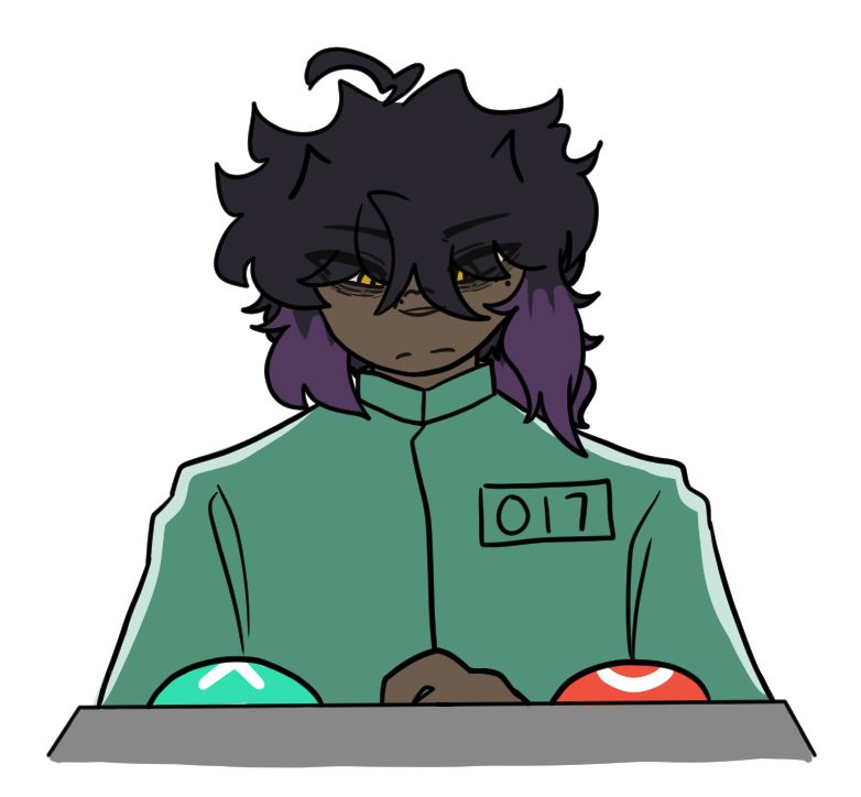 Squid game OC trying to decide whether to press O to stay in the game or X to leave