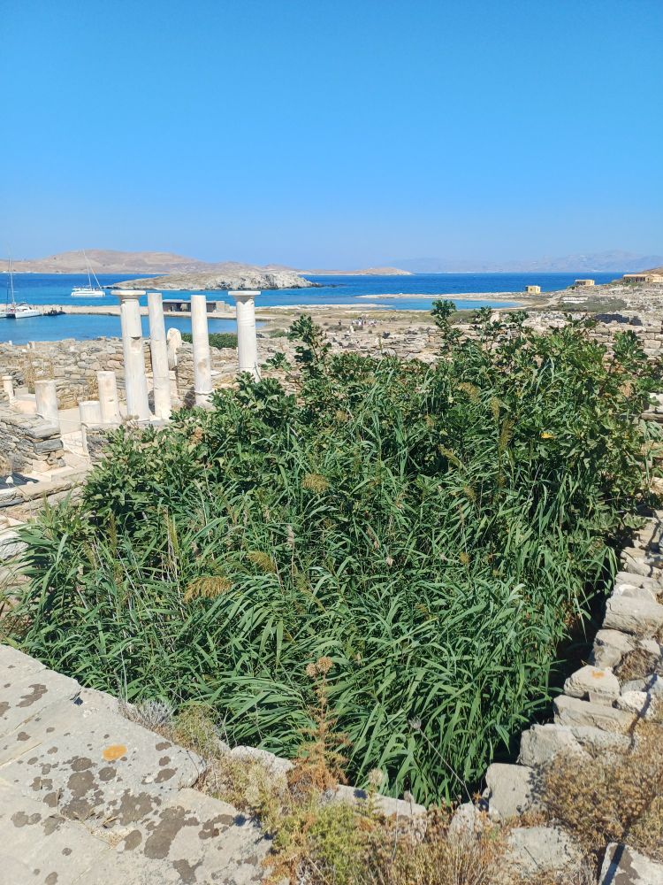 Archaeological ruins and blue sea on the background 