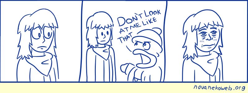 A comic drawn in the style of Matthew Taranto's "Brawl in the Family", based on comic #5, "HDF".

The first panel depicts Nova McNeary (original character) in his normal state.

The second panel depicts King Dedede (Kirby game franchise) pointing at Nova, saying "Don't look at me like that".

The third panel depicts Nova responding to him by putting on more detailed facial expression.

#art, #comic, #oc, #kirby, #bitf